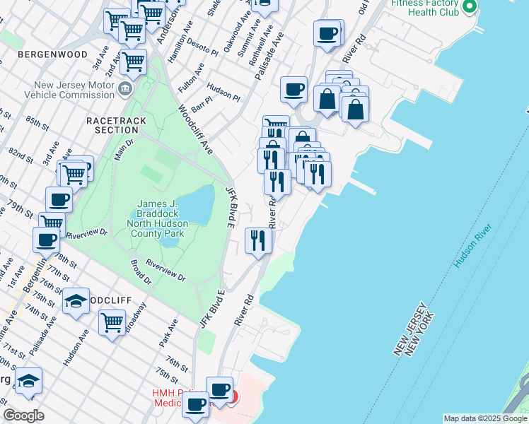 map of restaurants, bars, coffee shops, grocery stores, and more near 8621 River Road in North Bergen