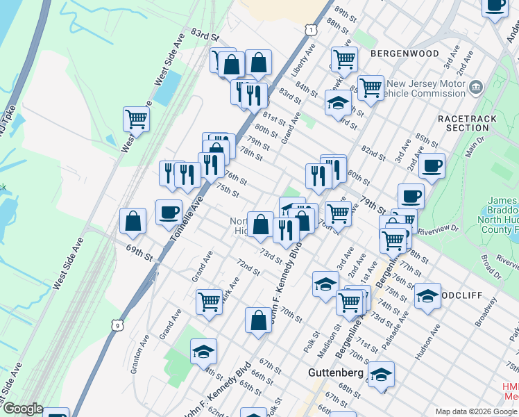 map of restaurants, bars, coffee shops, grocery stores, and more near 7502 Cottage Avenue in North Bergen