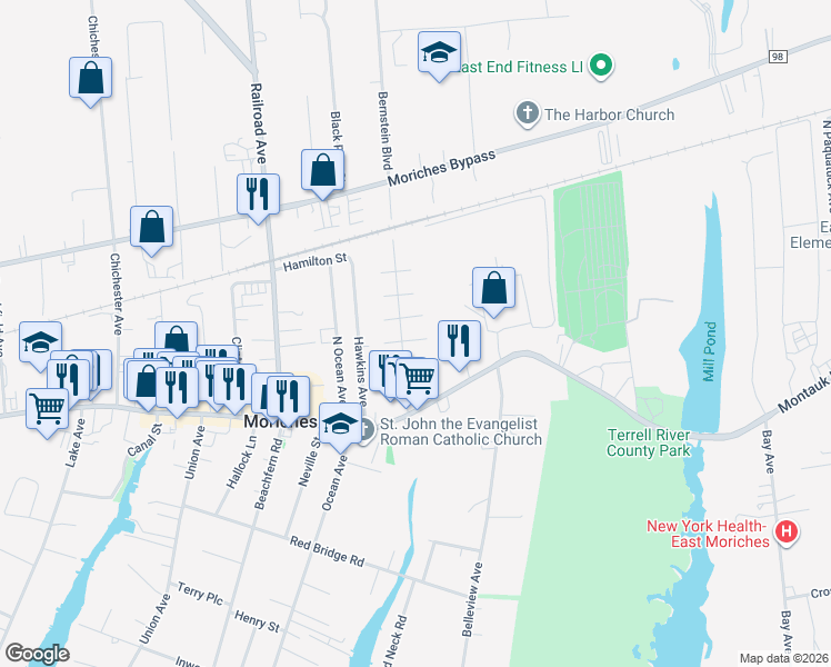 map of restaurants, bars, coffee shops, grocery stores, and more near 33 Reeves Road in Center Moriches