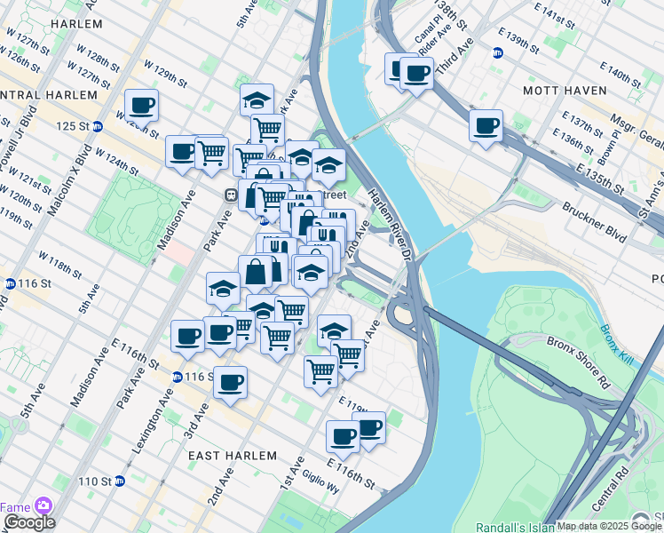 map of restaurants, bars, coffee shops, grocery stores, and more near 225 East 125th Street in New York