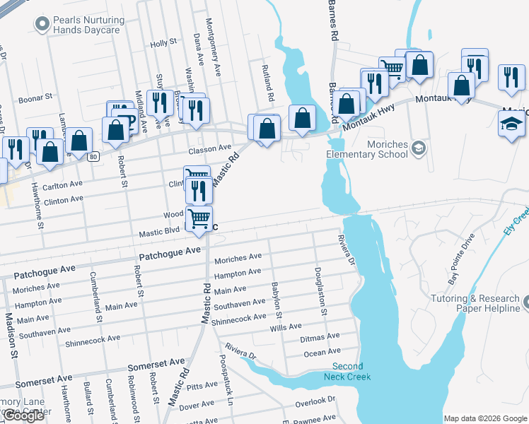 map of restaurants, bars, coffee shops, grocery stores, and more near 185 Mastic Boulevard in Mastic