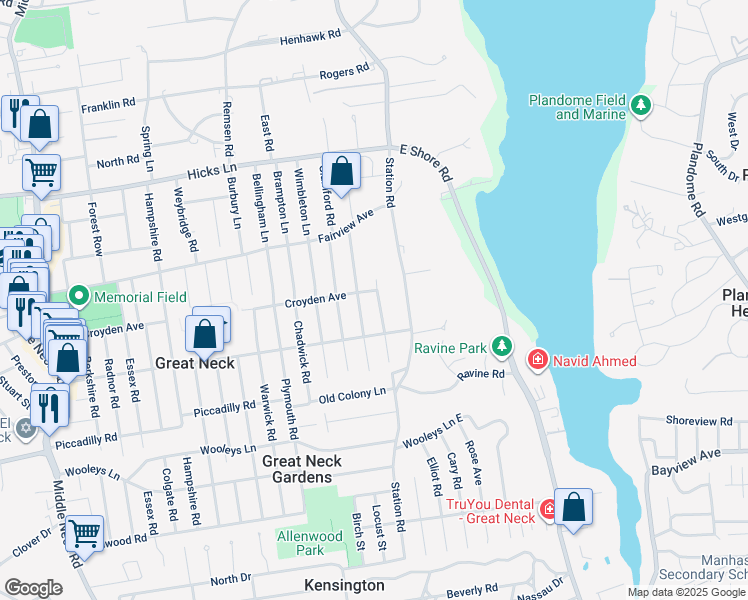 map of restaurants, bars, coffee shops, grocery stores, and more near 29 Duxbury Road in Great Neck