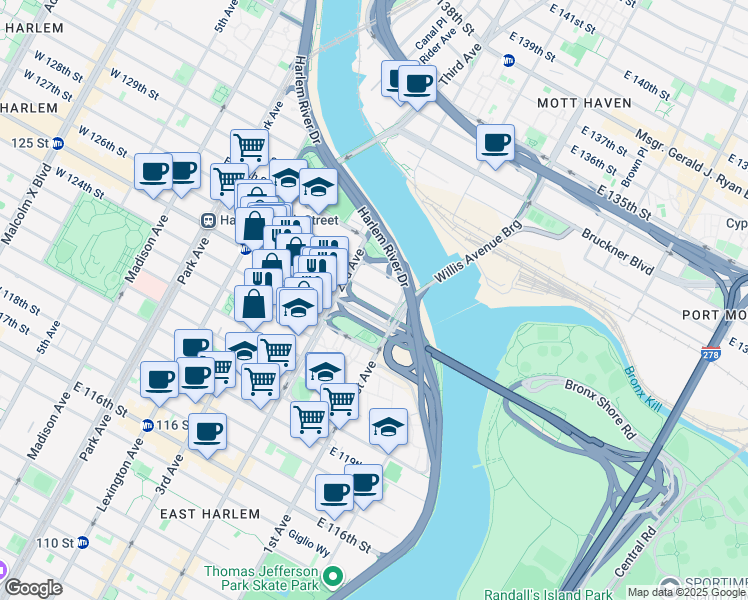 map of restaurants, bars, coffee shops, grocery stores, and more near 301 East 126th Street in New York