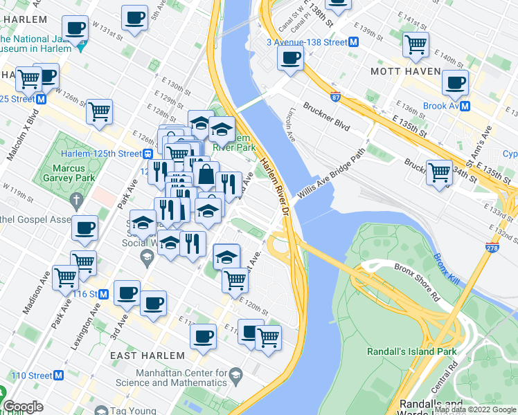 map of restaurants, bars, coffee shops, grocery stores, and more near 301 East 126th Street in New York