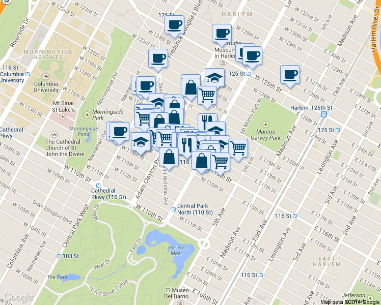 map of restaurants, bars, coffee shops, grocery stores, and more near 116 West 117th Street in New York