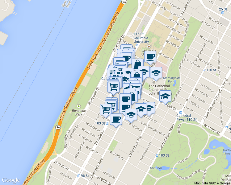 map of restaurants, bars, coffee shops, grocery stores, and more near 244 West 109th Street in New York