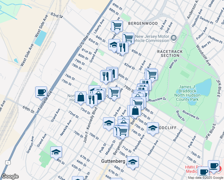 map of restaurants, bars, coffee shops, grocery stores, and more near 7711 5th Avenue in North Bergen