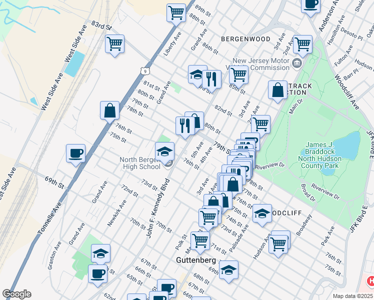 map of restaurants, bars, coffee shops, grocery stores, and more near 7711 5th Avenue in North Bergen