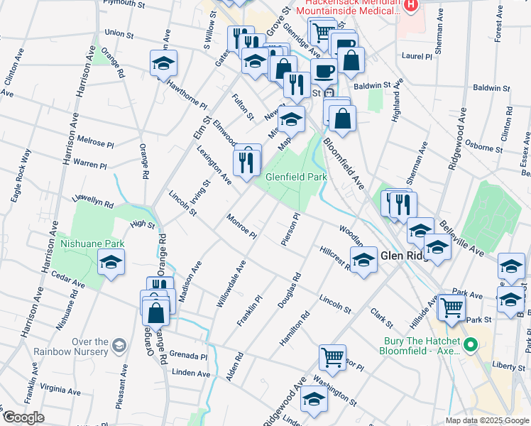 map of restaurants, bars, coffee shops, grocery stores, and more near 7 Wheeler Street in Montclair