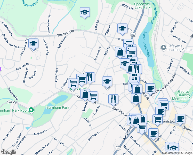 map of restaurants, bars, coffee shops, grocery stores, and more near 53 Mills Street in Morristown