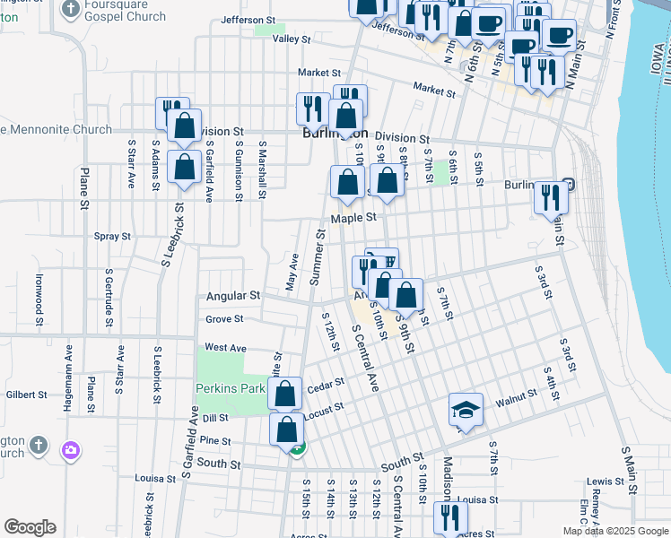 map of restaurants, bars, coffee shops, grocery stores, and more near 521 South Central Avenue in Burlington
