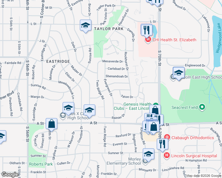 map of restaurants, bars, coffee shops, grocery stores, and more near 6421 Monticello Drive in Lincoln