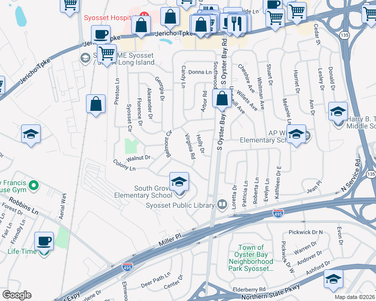 map of restaurants, bars, coffee shops, grocery stores, and more near 2 Griffin Lane in Syosset