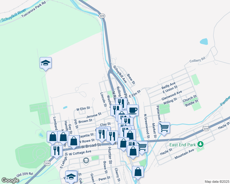 map of restaurants, bars, coffee shops, grocery stores, and more near 429 North Railroad Street in Tamaqua