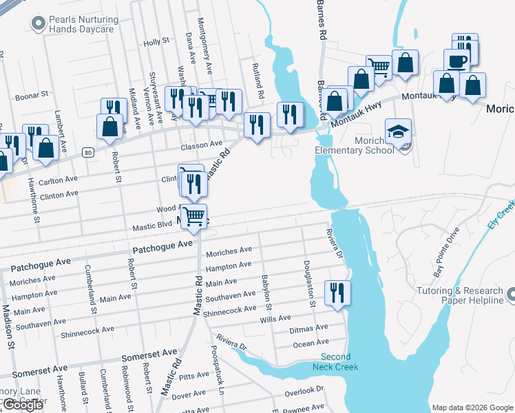 map of restaurants, bars, coffee shops, grocery stores, and more near 185 Mastic Boulevard in Mastic