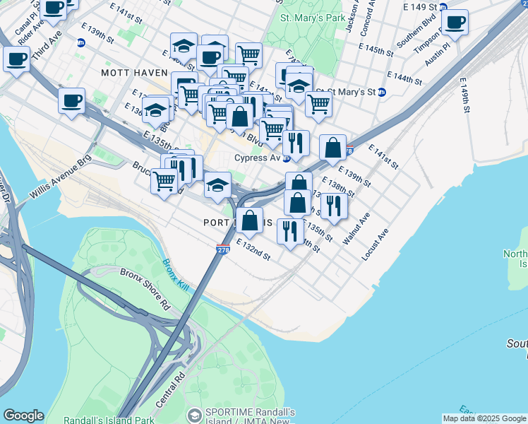 map of restaurants, bars, coffee shops, grocery stores, and more near in The Bronx