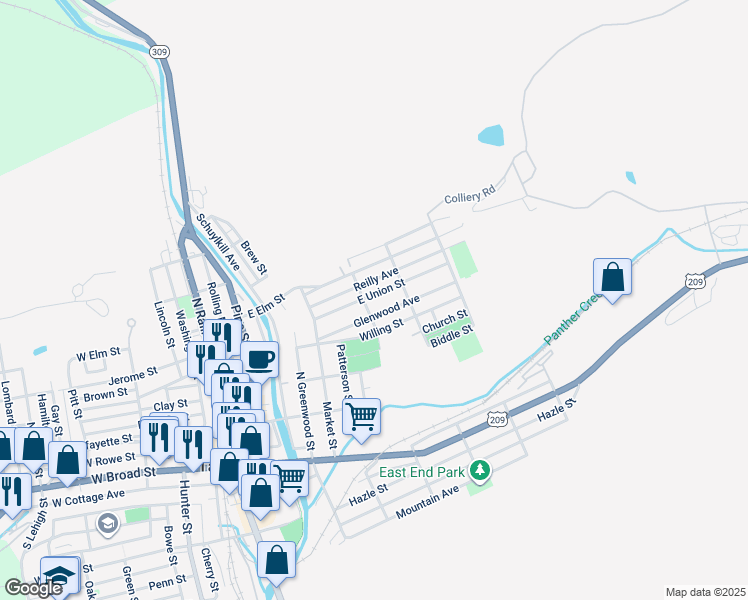 map of restaurants, bars, coffee shops, grocery stores, and more near 408 East Union Street in Tamaqua