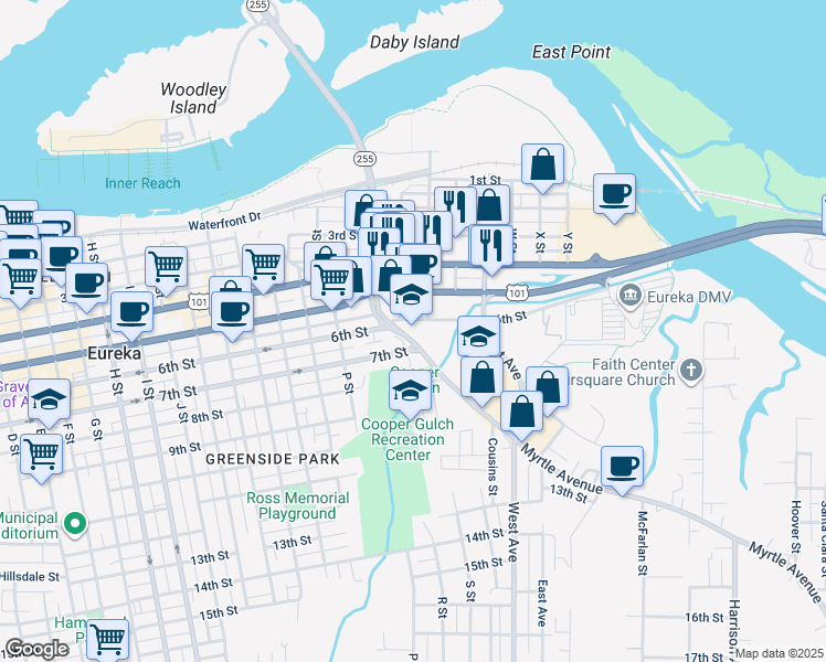 map of restaurants, bars, coffee shops, grocery stores, and more near 1820 6th Street in Eureka