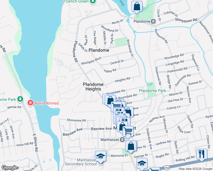 map of restaurants, bars, coffee shops, grocery stores, and more near 0 Heights Road in Plandome