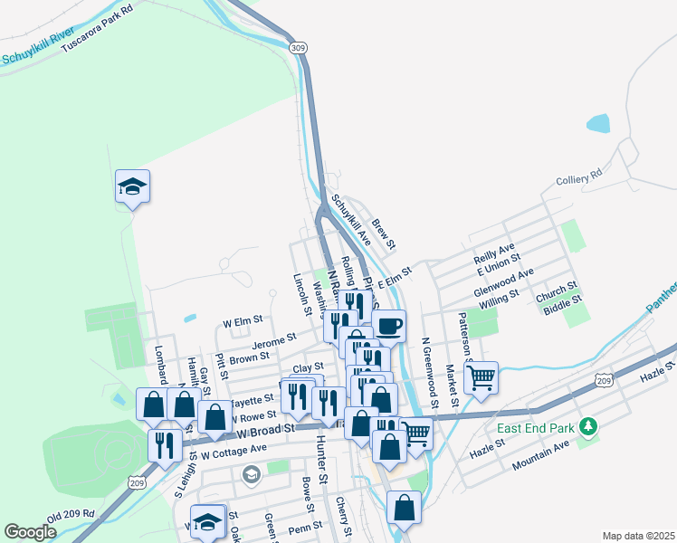 map of restaurants, bars, coffee shops, grocery stores, and more near 429 North Railroad Street in Tamaqua