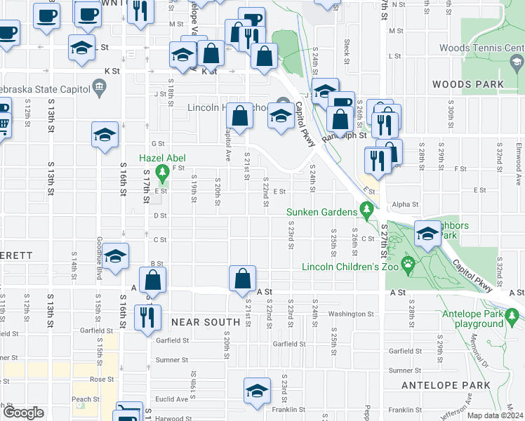 map of restaurants, bars, coffee shops, grocery stores, and more near 2138 D Street in Lincoln