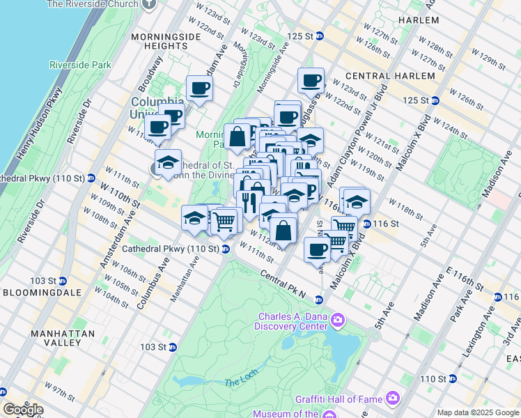 map of restaurants, bars, coffee shops, grocery stores, and more near 2098 Frederick Douglass Boulevard in New York