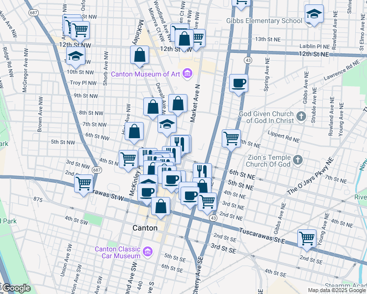 map of restaurants, bars, coffee shops, grocery stores, and more near 645 Market Avenue North in North Canton