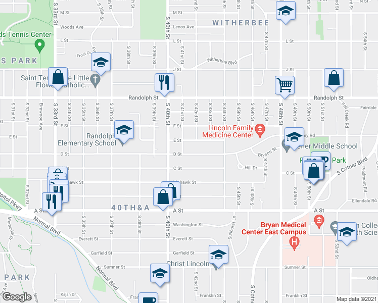 map of restaurants, bars, coffee shops, grocery stores, and more near 4120 D Street in Lincoln