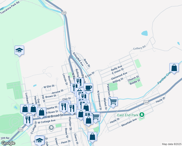 map of restaurants, bars, coffee shops, grocery stores, and more near 209 East Elm Street in Tamaqua