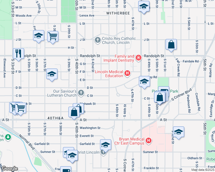 map of restaurants, bars, coffee shops, grocery stores, and more near 4344 D Street in Lincoln