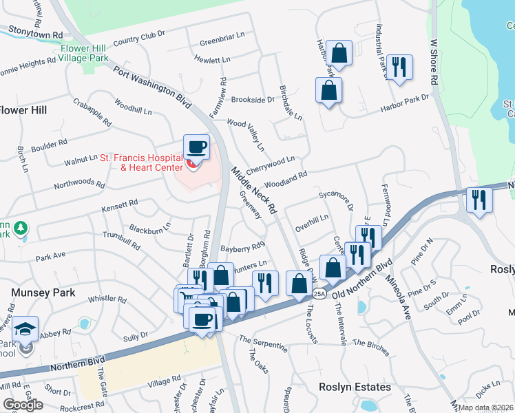 map of restaurants, bars, coffee shops, grocery stores, and more near 13 Greenway in Roslyn