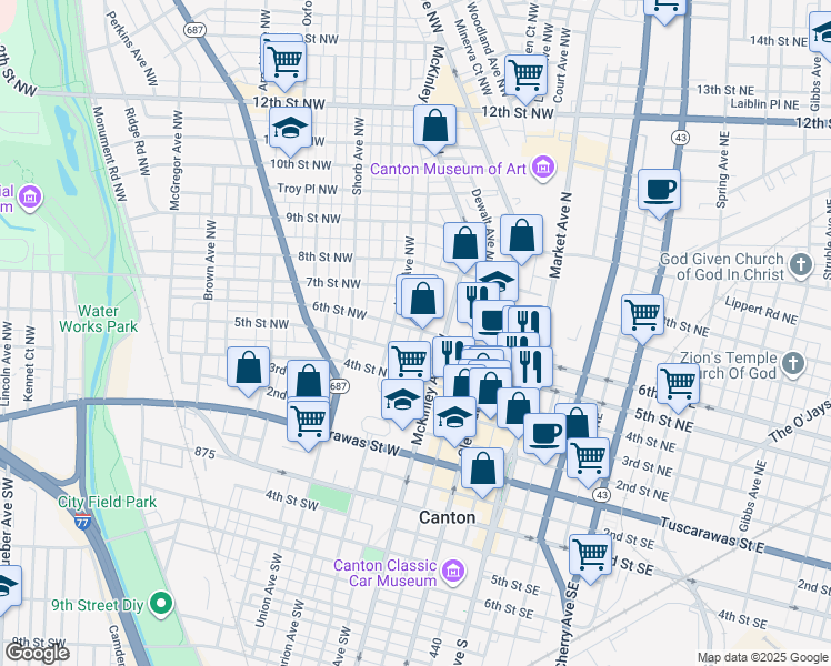map of restaurants, bars, coffee shops, grocery stores, and more near 604 6th Street Northwest in Canton