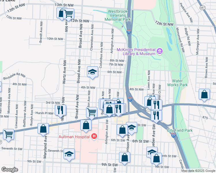map of restaurants, bars, coffee shops, grocery stores, and more near 405 Arlington Avenue Northwest in Canton
