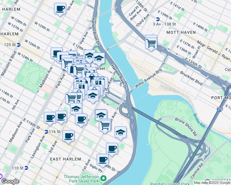 map of restaurants, bars, coffee shops, grocery stores, and more near 320 East 126th Street in New York