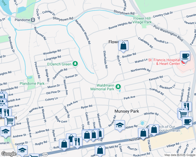 map of restaurants, bars, coffee shops, grocery stores, and more near 1 Elderfields Road in Manhasset
