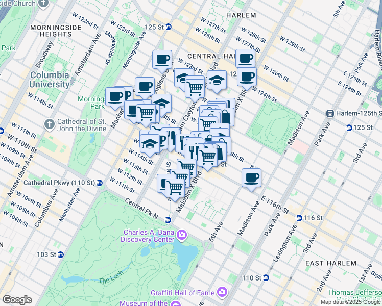map of restaurants, bars, coffee shops, grocery stores, and more near 125 West 116th Street in New York