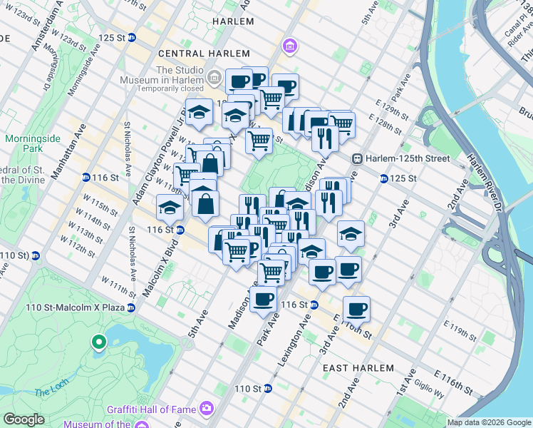 map of restaurants, bars, coffee shops, grocery stores, and more near 1485 5th Avenue in New York