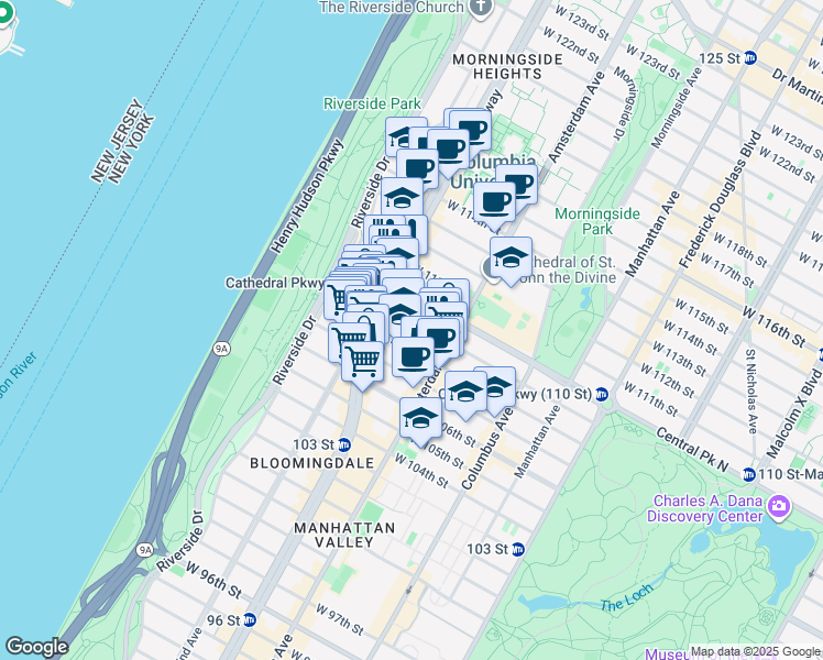 map of restaurants, bars, coffee shops, grocery stores, and more near 230 West 109th Street in New York