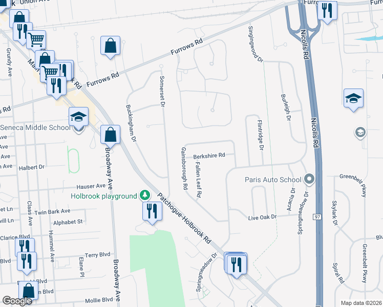 map of restaurants, bars, coffee shops, grocery stores, and more near 141 Gainsborough Road in Holbrook