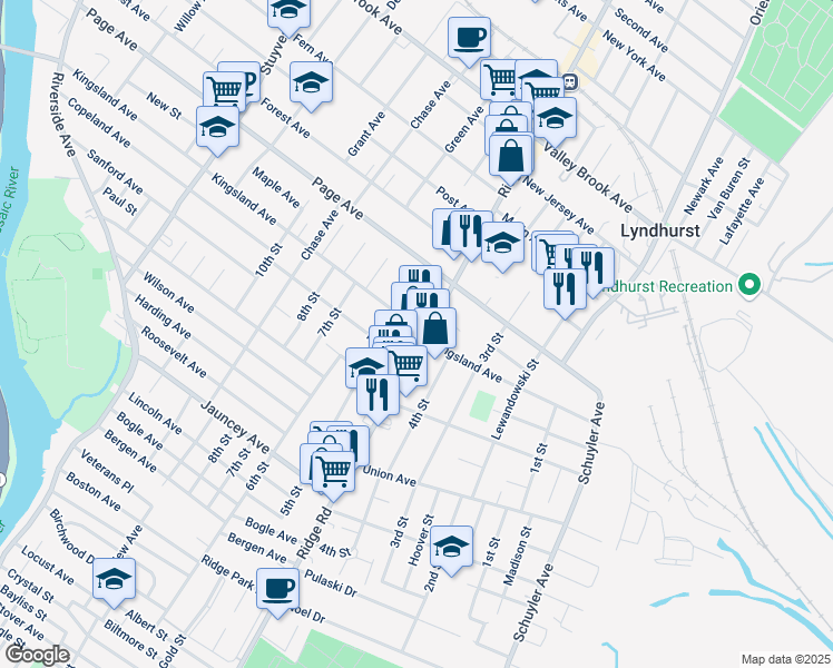 map of restaurants, bars, coffee shops, grocery stores, and more near 590 Ridge Road in Lyndhurst