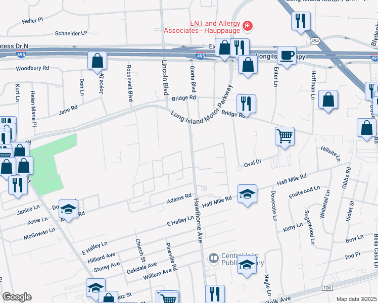 map of restaurants, bars, coffee shops, grocery stores, and more near 1 Feller Drive in Central Islip