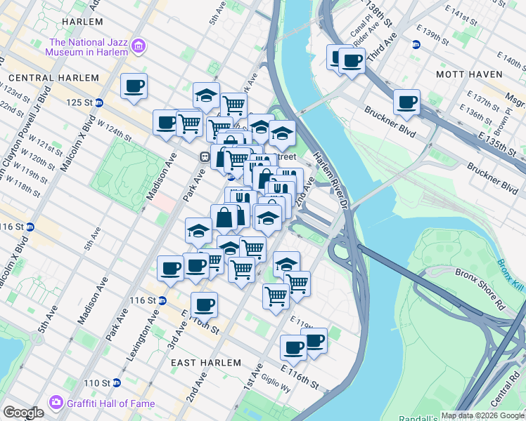 map of restaurants, bars, coffee shops, grocery stores, and more near 224 East 125th Street in New York