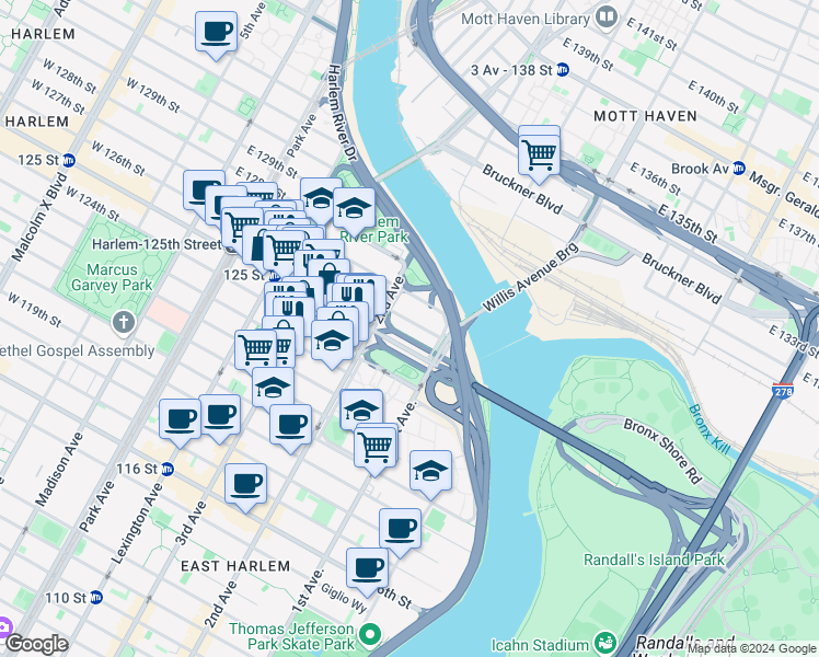 map of restaurants, bars, coffee shops, grocery stores, and more near 301 East 126th Street in New York