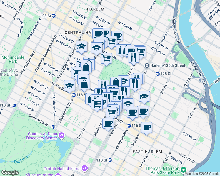 map of restaurants, bars, coffee shops, grocery stores, and more near 1545 5th Avenue in New York
