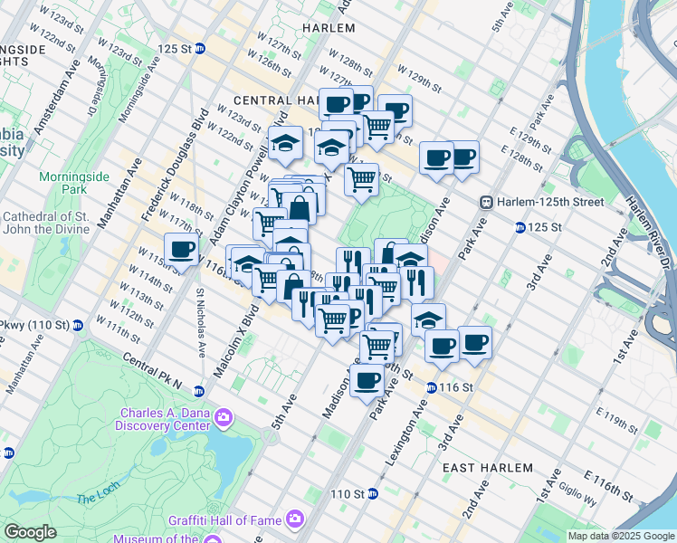 map of restaurants, bars, coffee shops, grocery stores, and more near 11 West 119th Street in New York
