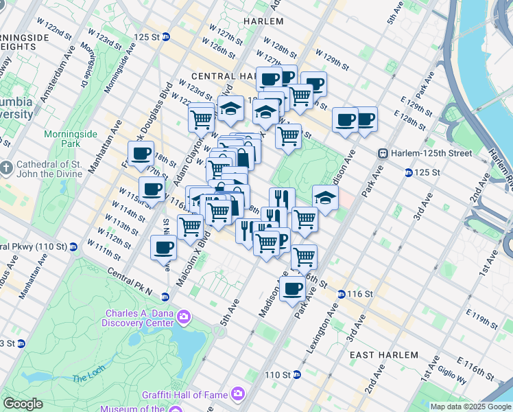 map of restaurants, bars, coffee shops, grocery stores, and more near 52 West 119th Street in New York
