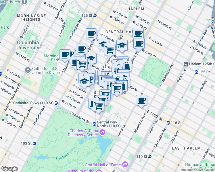 map of restaurants, bars, coffee shops, grocery stores, and more near 116 West 117th Street in New York