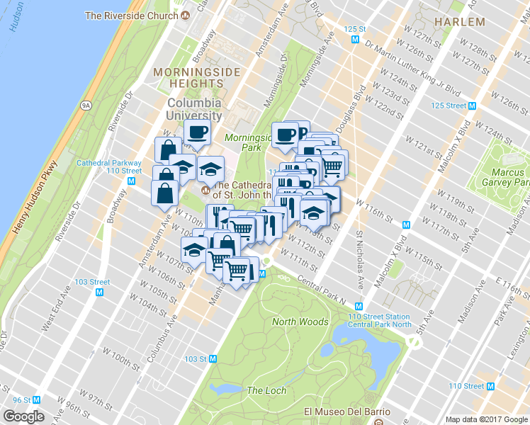 map of restaurants, bars, coffee shops, grocery stores, and more near Morningside Avenue in New York