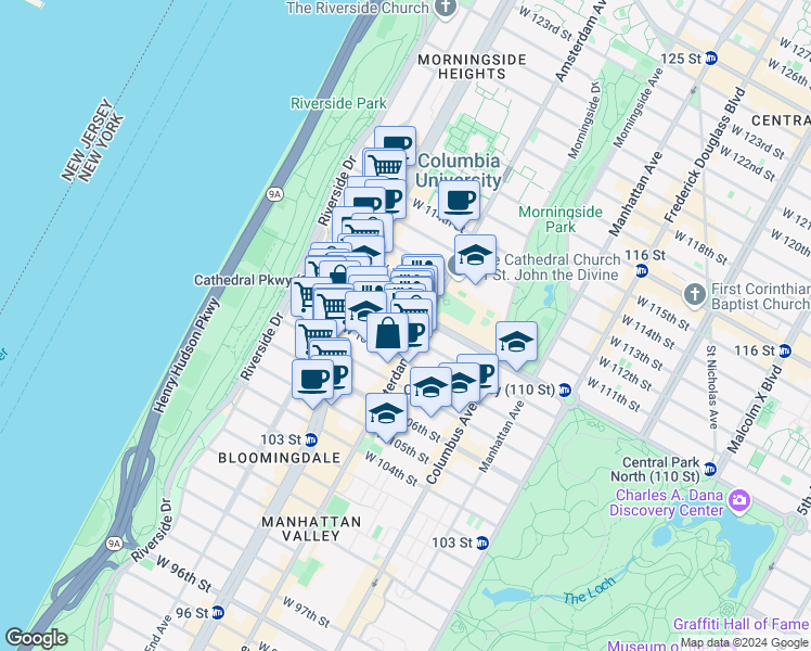 map of restaurants, bars, coffee shops, grocery stores, and more near 211 West 109th Street in New York