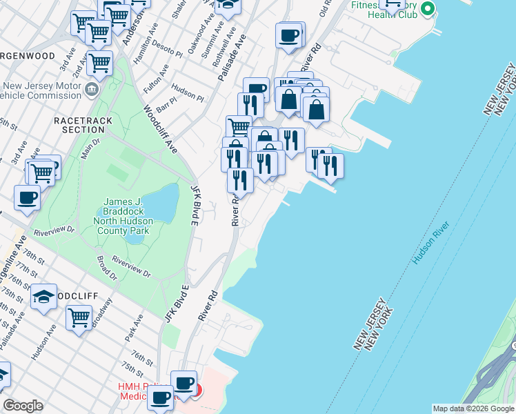 map of restaurants, bars, coffee shops, grocery stores, and more near 4 Main Street in Edgewater